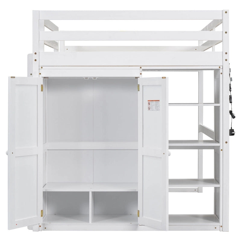 Full Size Wood Loft Bed with Wardrobe and Storage Shelves