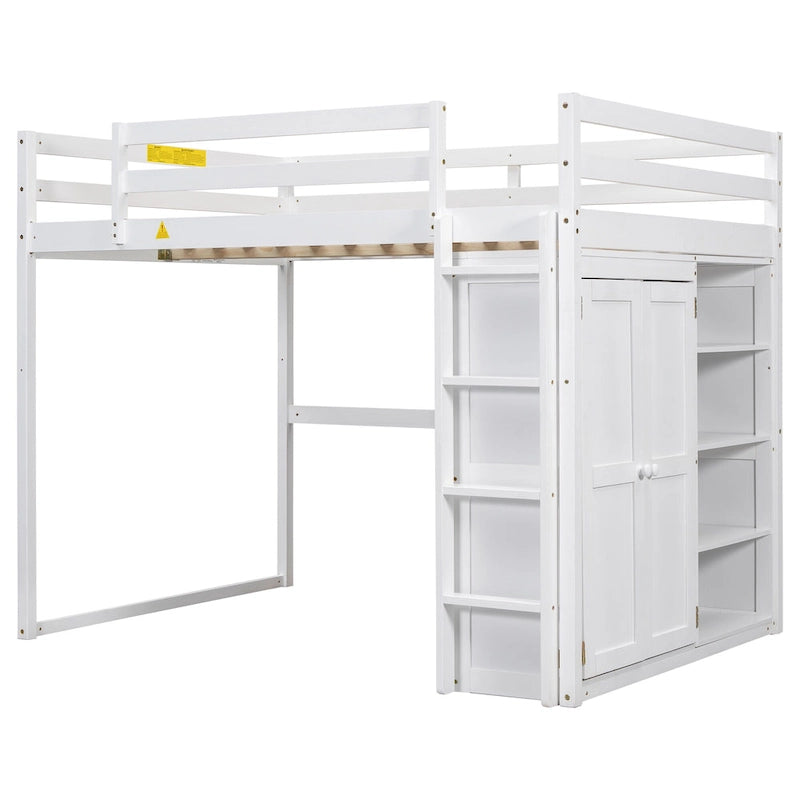 Full Size Wood Loft Bed with Wardrobe and Storage Shelves