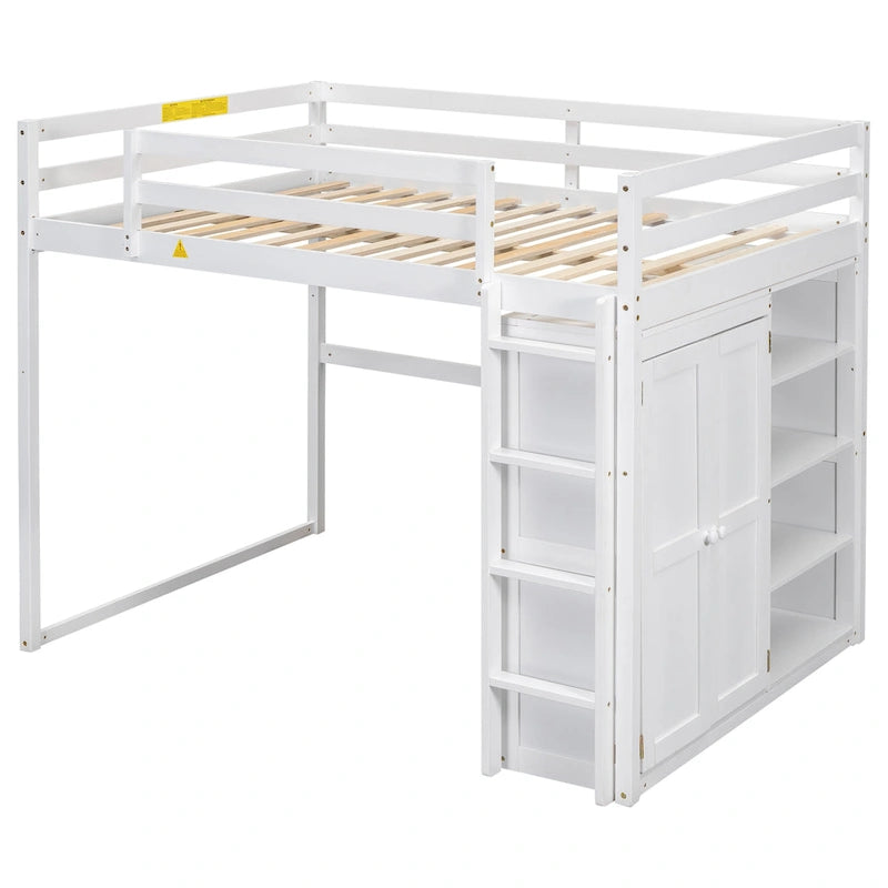 Full Size Wood Loft Bed with Wardrobe and Storage Shelves