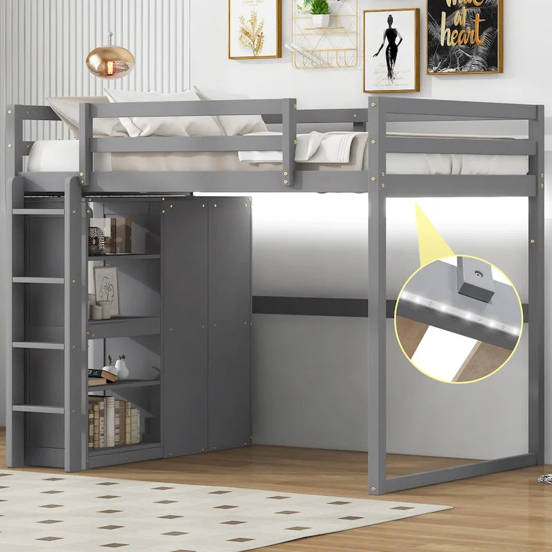 Full Size Wood Loft Bed with Wardrobe and Storage Shelves
