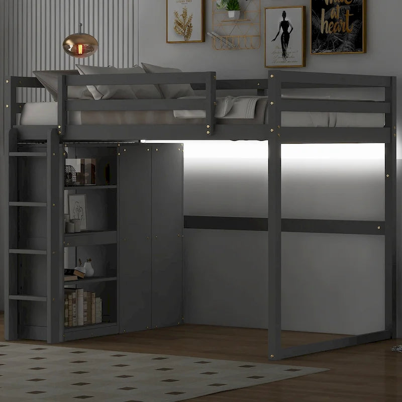 Full Size Wood Loft Bed with Wardrobe and Storage Shelves