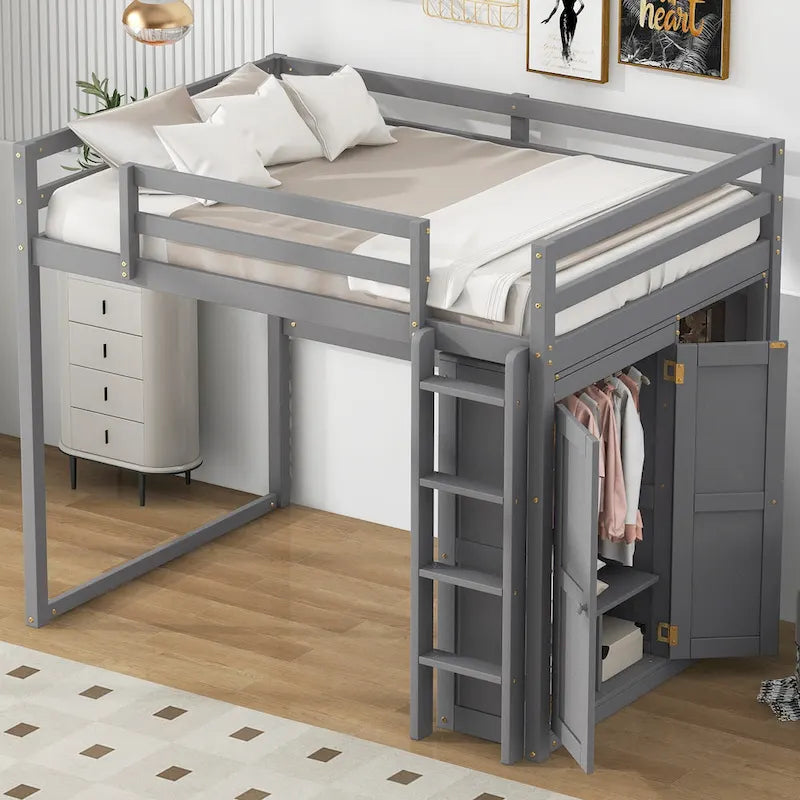 Full Size Wood Loft Bed with Wardrobe and Storage Shelves