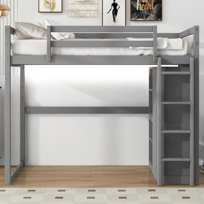 Full Size Wood Loft Bed with Wardrobe and Storage Shelves