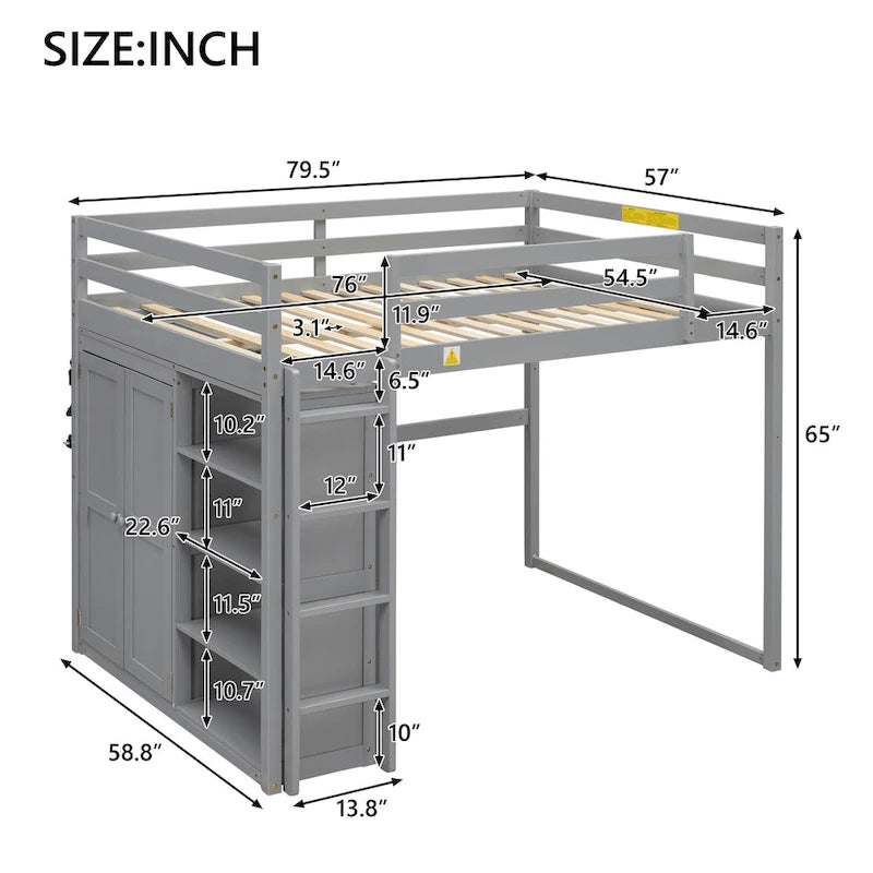 Full Size Wood Loft Bed with Wardrobe and Storage Shelves