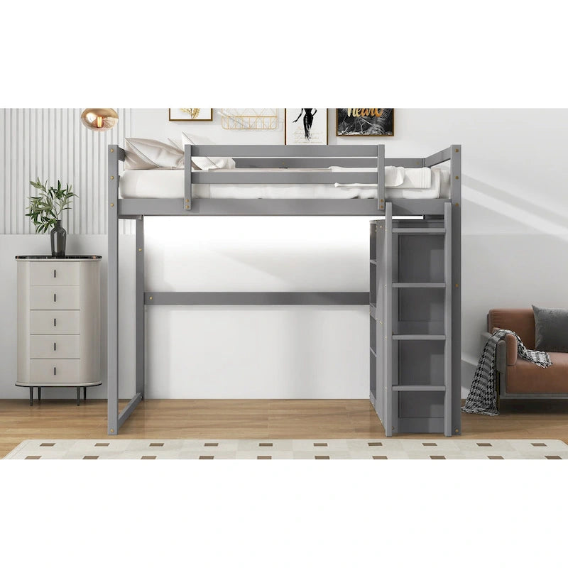 Full Size Wood Loft Bed with Wardrobe and Storage Shelves