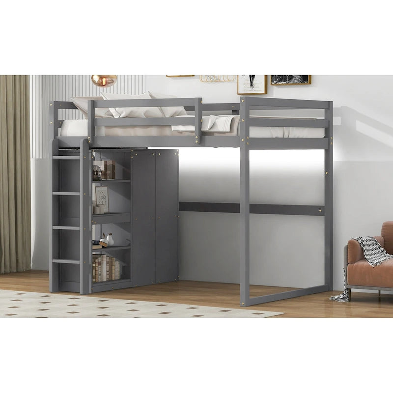 Full Size Wood Loft Bed with Wardrobe and Storage Shelves