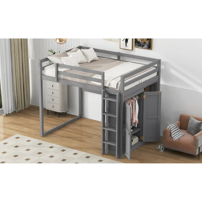 Full Size Wood Loft Bed with Wardrobe and Storage Shelves