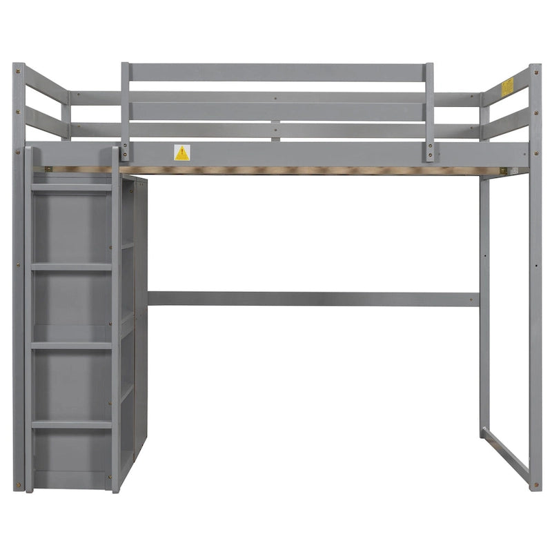 Full Size Wood Loft Bed with Wardrobe and Storage Shelves