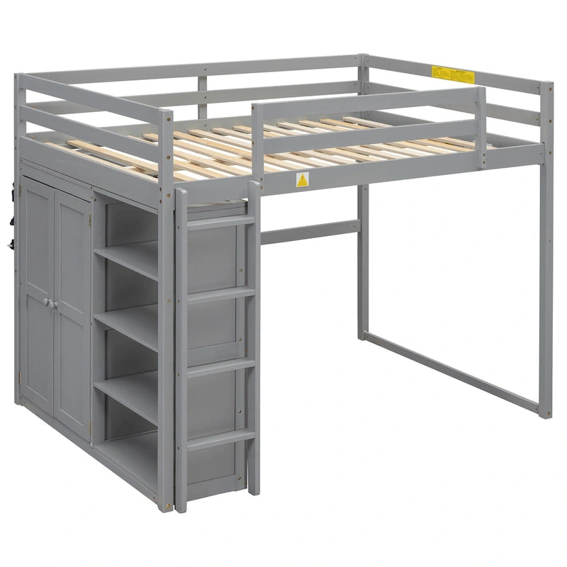 Full Size Wood Loft Bed with Wardrobe and Storage Shelves