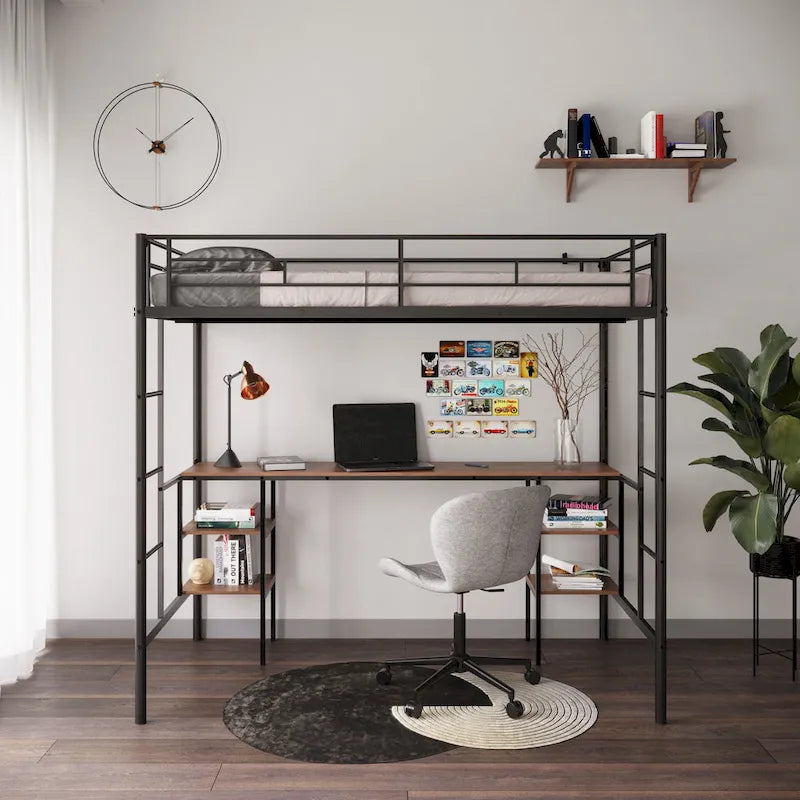 Twin Size Metal Loft Bed with Table, Shelves, and Guardrail