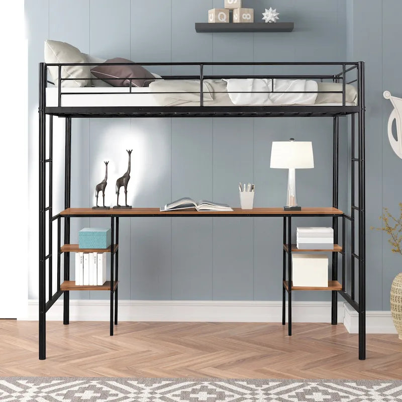Twin Size Metal Loft Bed with Table, Shelves, and Guardrail