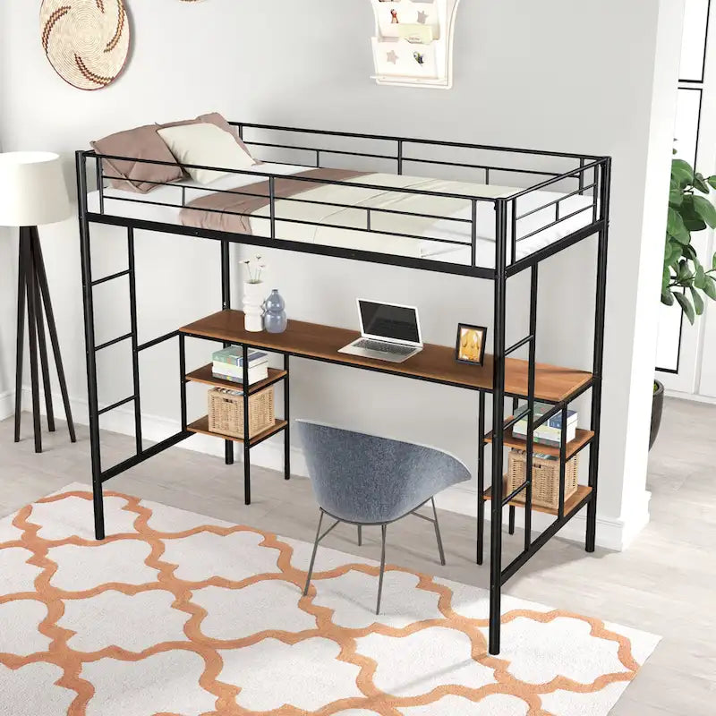Twin Size Metal Loft Bed with Table, Shelves, and Guardrail