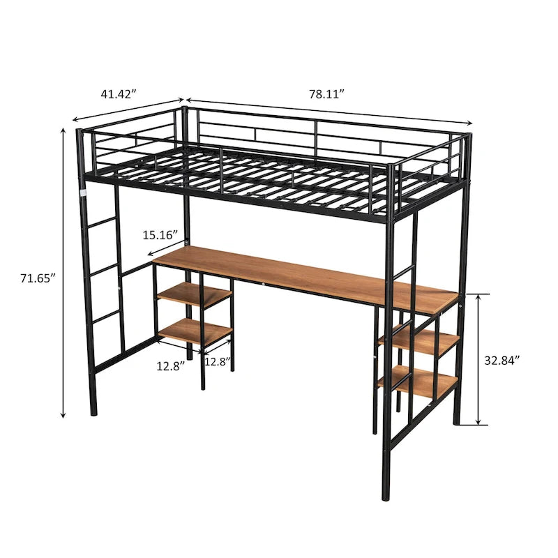 Twin Size Metal Loft Bed with Table, Shelves, and Guardrail