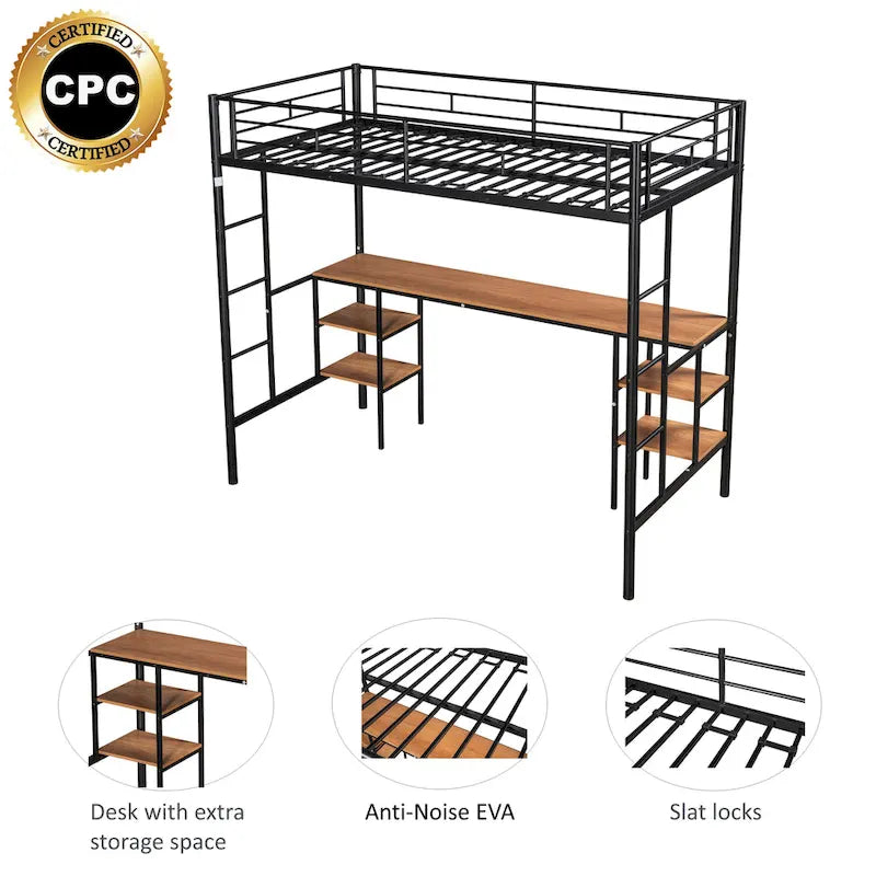 Twin Size Metal Loft Bed with Table, Shelves, and Guardrail