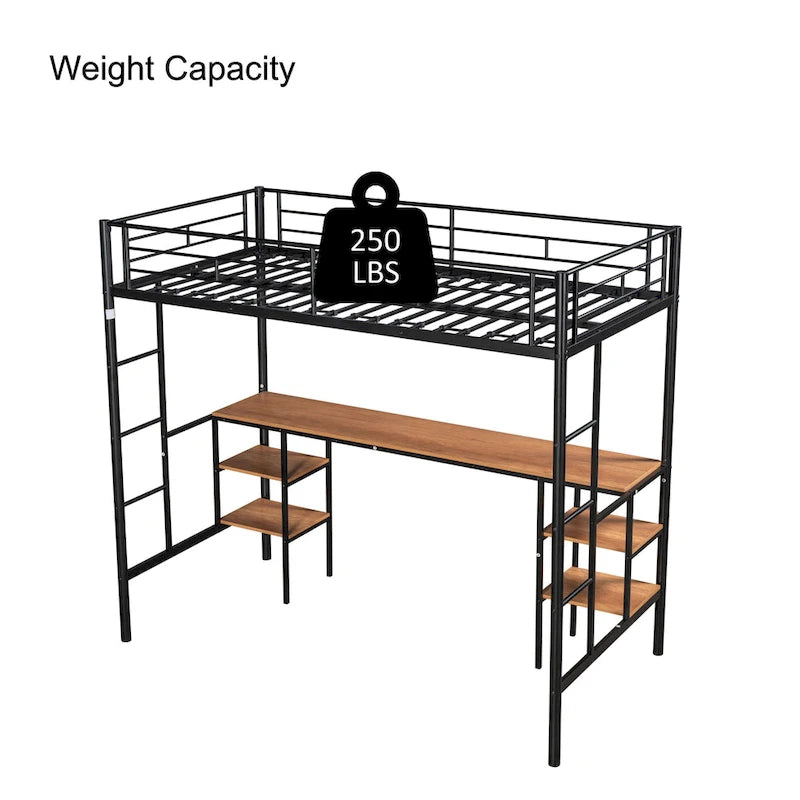 Twin Size Metal Loft Bed with Table, Shelves, and Guardrail