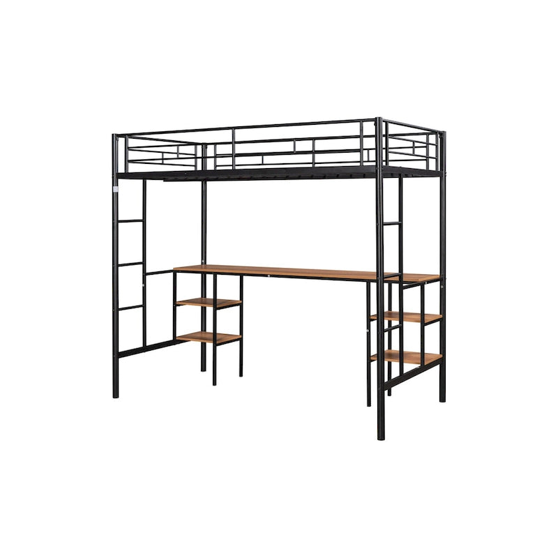 Twin Size Metal Loft Bed with Table, Shelves, and Guardrail