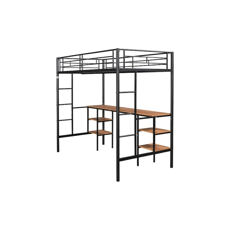 Twin Size Metal Loft Bed with Table, Shelves, and Guardrail