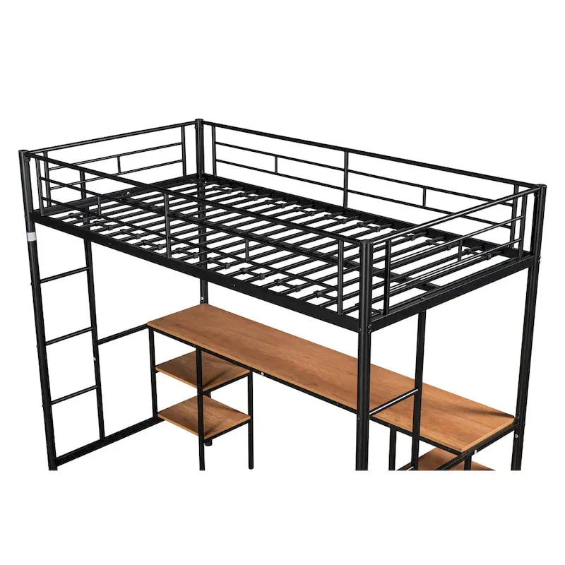 Twin Size Metal Loft Bed with Table, Shelves, and Guardrail