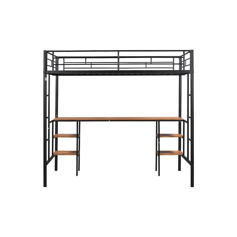Twin Size Metal Loft Bed with Table, Shelves, and Guardrail