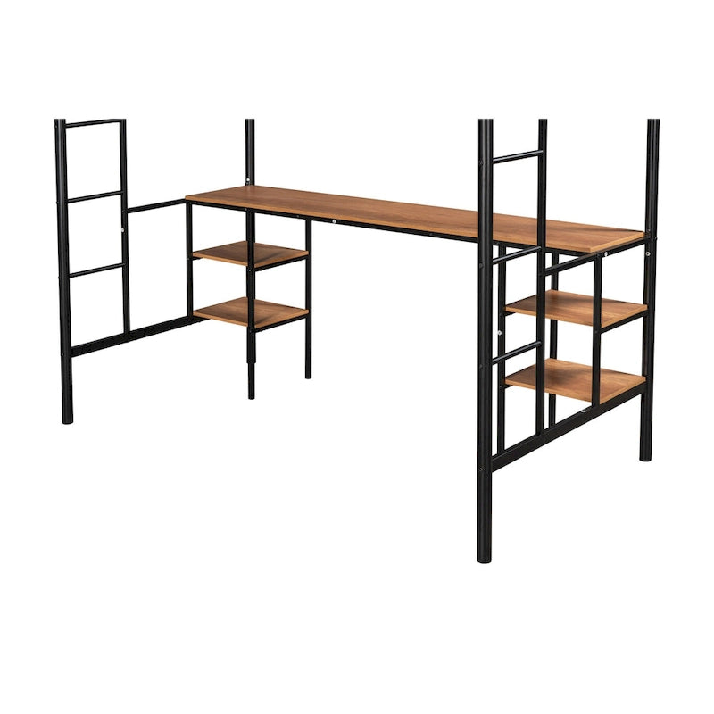 Twin Size Metal Loft Bed with Table, Shelves, and Guardrail
