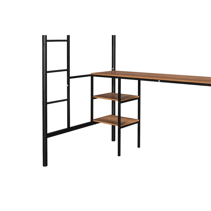 Twin Size Metal Loft Bed with Table, Shelves, and Guardrail