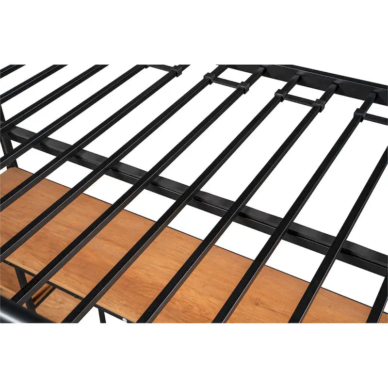 Twin Size Metal Loft Bed with Table, Shelves, and Guardrail