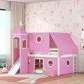 Full Size Cute Solid Wood House Loft Bed with Slide, Tent, and Tower for Kids