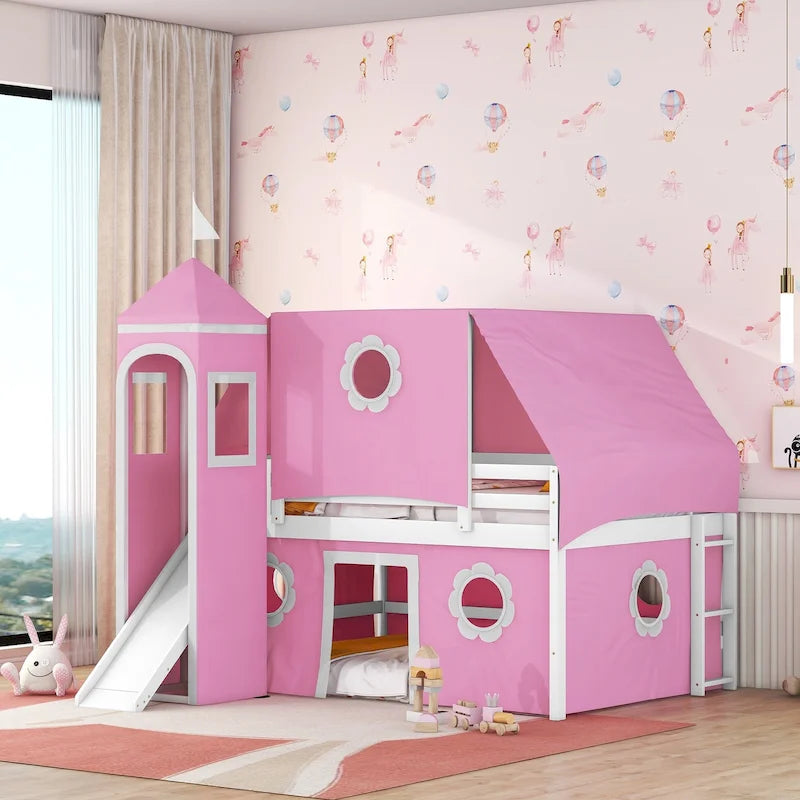 Full Size Cute Solid Wood House Loft Bed with Slide, Tent, and Tower for Kids
