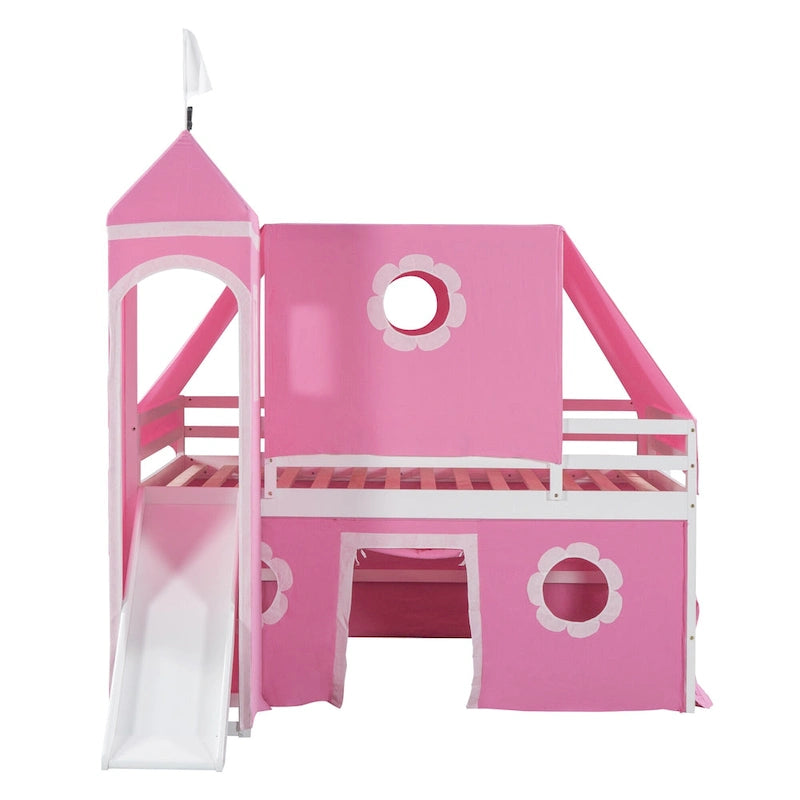 Full Size Cute Solid Wood House Loft Bed with Slide, Tent, and Tower for Kids
