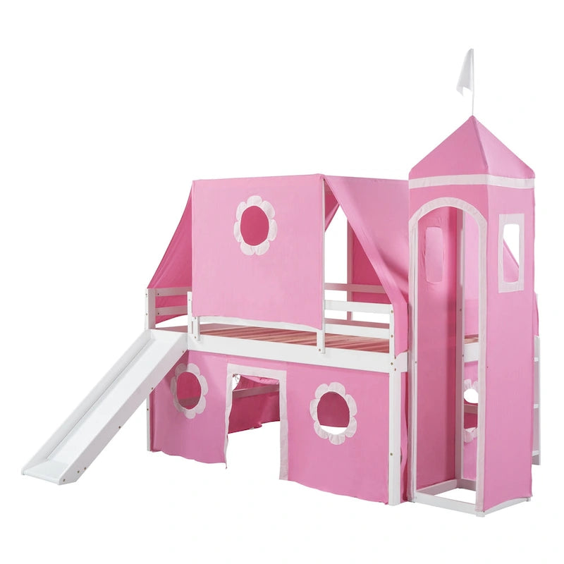 Full Size Cute Solid Wood House Loft Bed with Slide, Tent, and Tower for Kids
