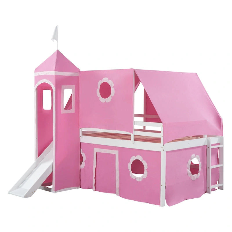 Full Size Cute Solid Wood House Loft Bed with Slide, Tent, and Tower for Kids