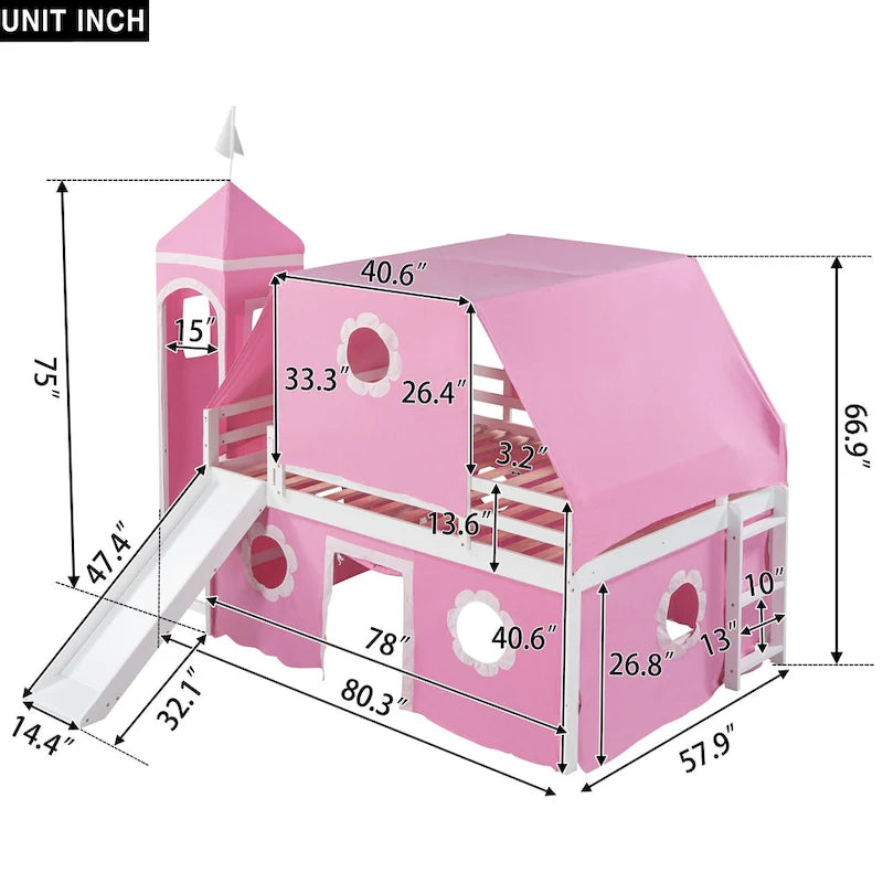 Full Size Cute Solid Wood House Loft Bed with Slide, Tent, and Tower for Kids