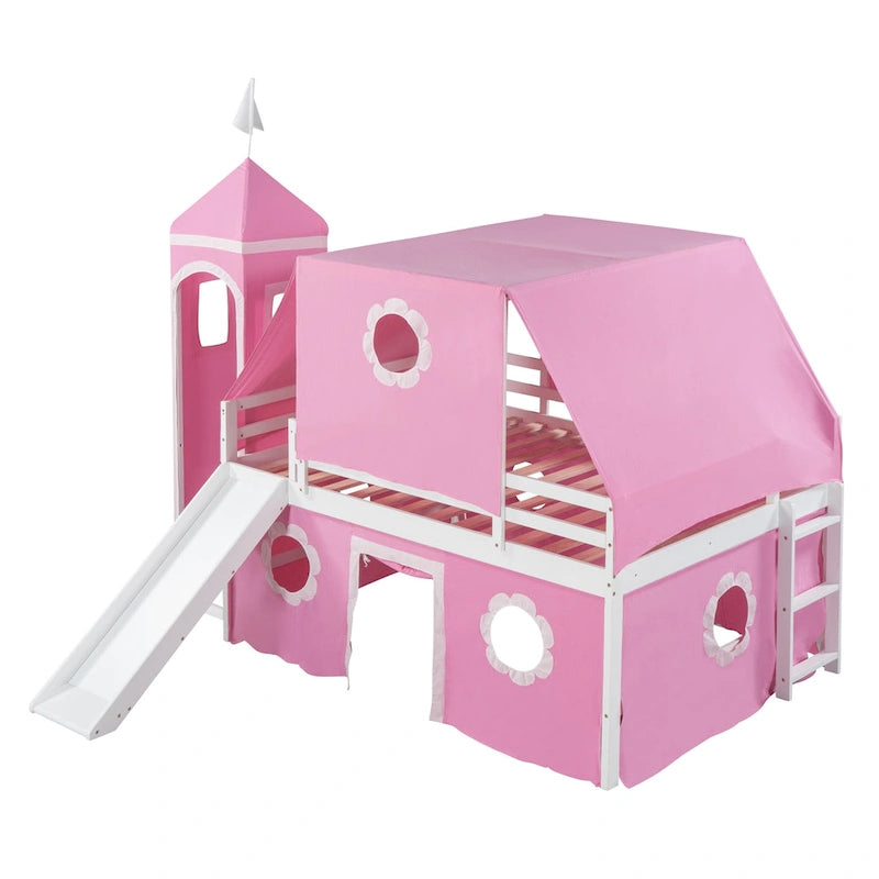 Full Size Cute Solid Wood House Loft Bed with Slide, Tent, and Tower for Kids