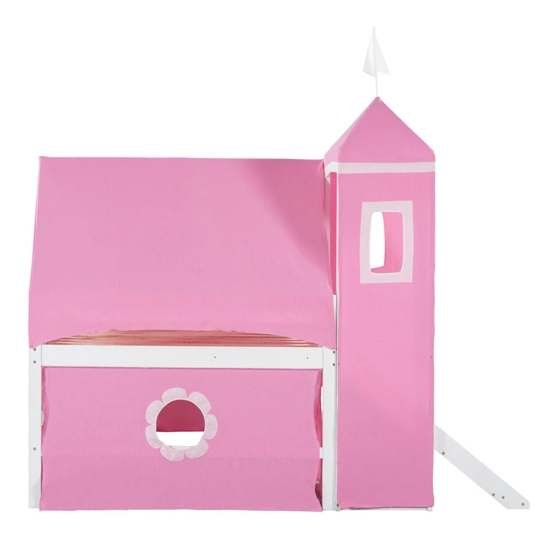 Full Size Cute Solid Wood House Loft Bed with Slide, Tent, and Tower for Kids