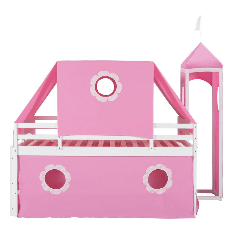 Full Size Cute Solid Wood House Loft Bed with Slide, Tent, and Tower for Kids
