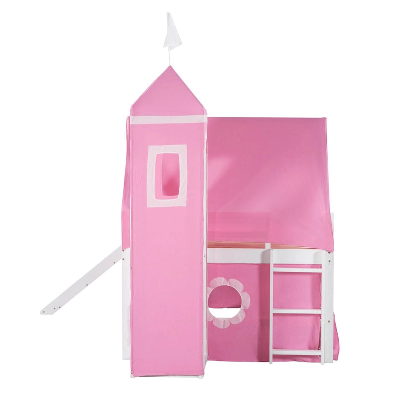 Full Size Cute Solid Wood House Loft Bed with Slide, Tent, and Tower for Kids