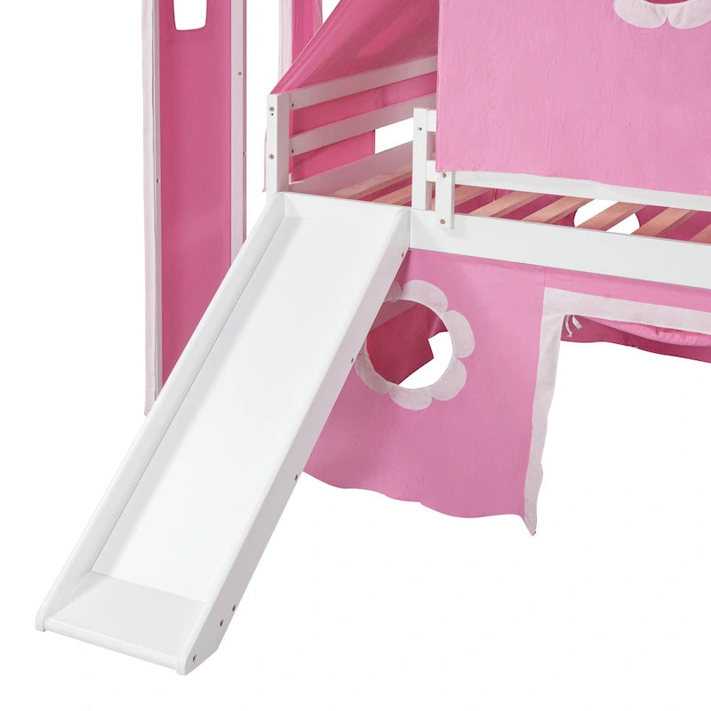 Full Size Cute Solid Wood House Loft Bed with Slide, Tent, and Tower for Kids