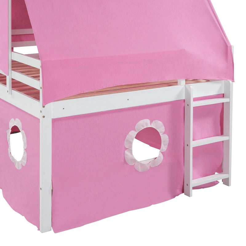 Full Size Cute Solid Wood House Loft Bed with Slide, Tent, and Tower for Kids