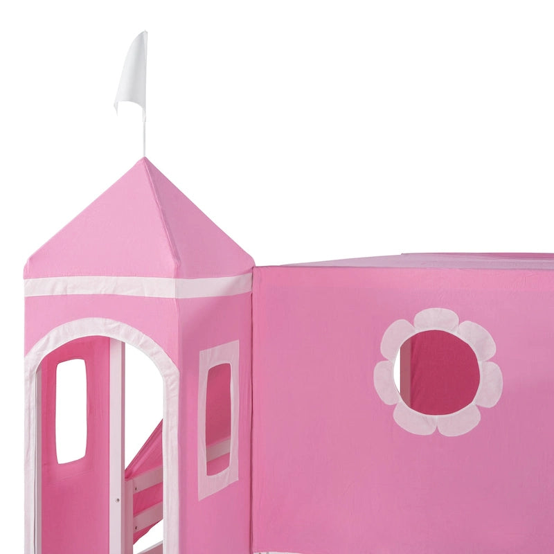 Full Size Cute Solid Wood House Loft Bed with Slide, Tent, and Tower for Kids