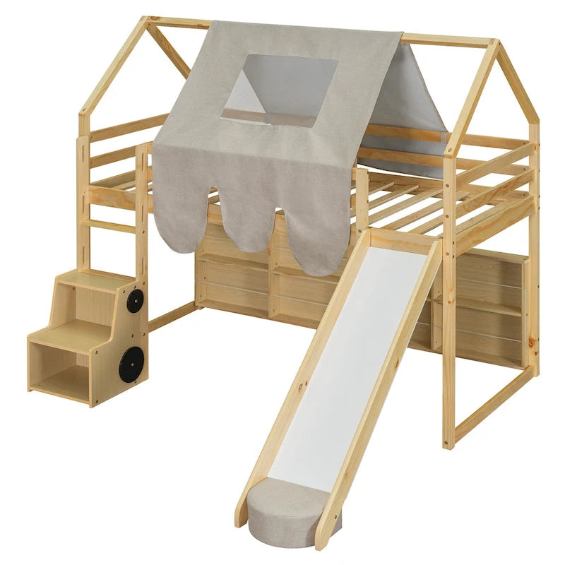 Solid Wood Loft Bed with Tent and Car Shaped Cabinet, Twin/Full Size Loft Bedframe with Storage Shelves and Roof Frame