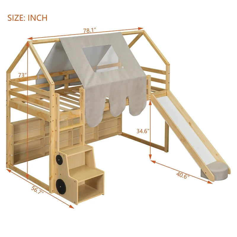 Solid Wood Loft Bed with Tent and Car Shaped Cabinet, Twin/Full Size Loft Bedframe with Storage Shelves and Roof Frame