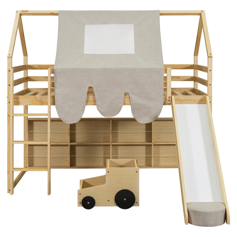 Solid Wood Loft Bed with Tent and Car Shaped Cabinet, Twin/Full Size Loft Bedframe with Storage Shelves and Roof Frame
