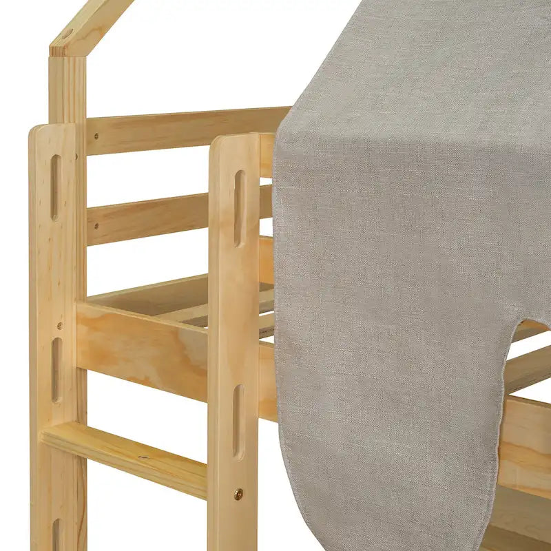 Solid Wood Loft Bed with Tent and Car Shaped Cabinet, Twin/Full Size Loft Bedframe with Storage Shelves and Roof Frame