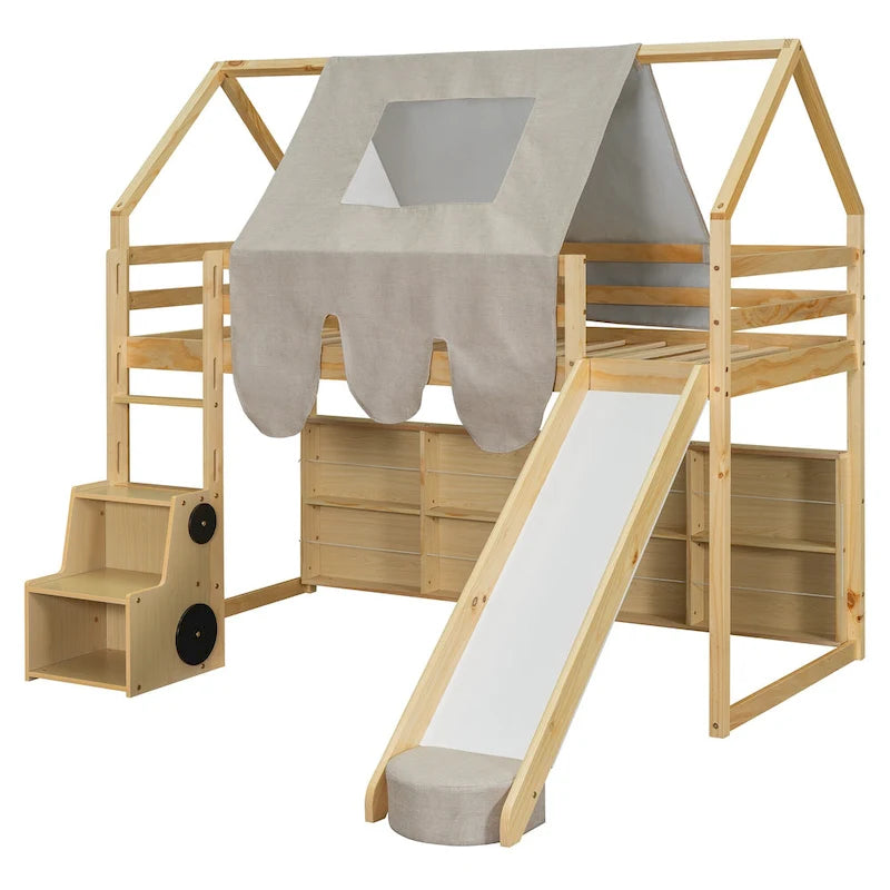 Solid Wood Loft Bed with Tent and Car Shaped Cabinet, Twin/Full Size Loft Bedframe with Storage Shelves and Roof Frame