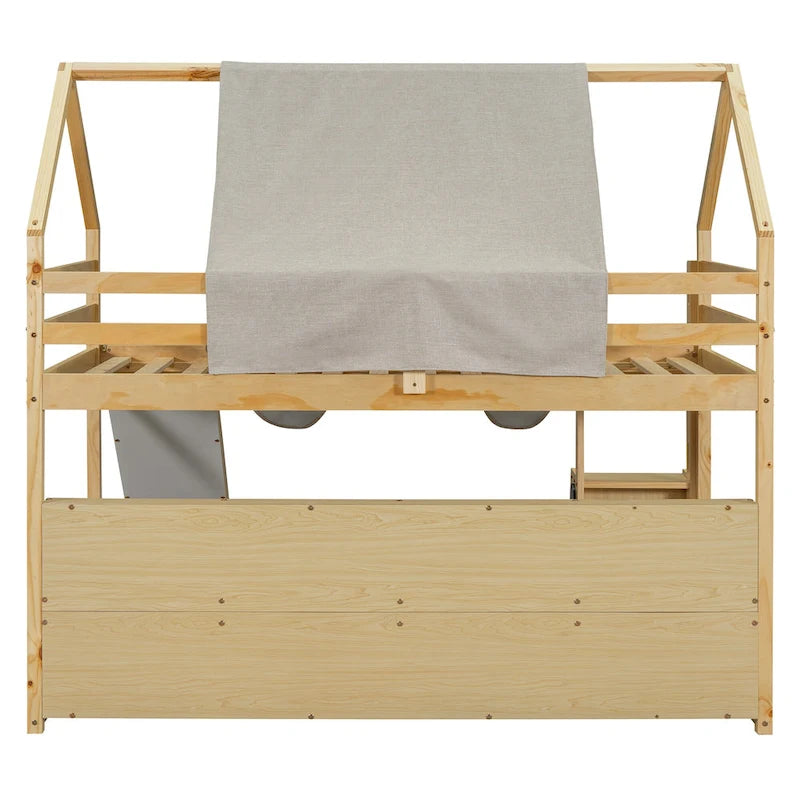 Solid Wood Loft Bed with Tent and Car Shaped Cabinet, Twin/Full Size Loft Bedframe with Storage Shelves and Roof Frame