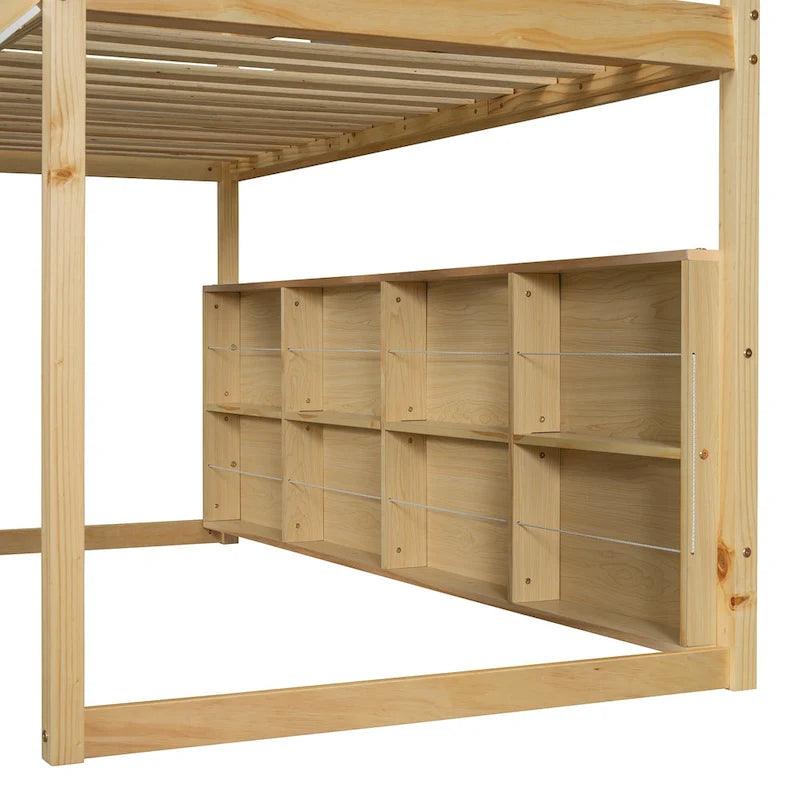 Solid Wood Loft Bed with Tent and Car Shaped Cabinet, Twin/Full Size Loft Bedframe with Storage Shelves and Roof Frame