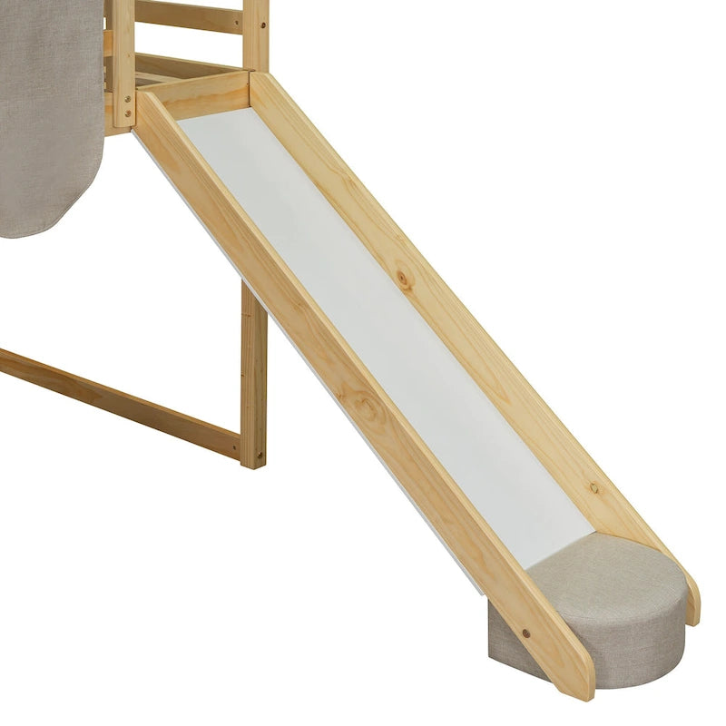 Solid Wood Loft Bed with Tent and Car Shaped Cabinet, Twin/Full Size Loft Bedframe with Storage Shelves and Roof Frame