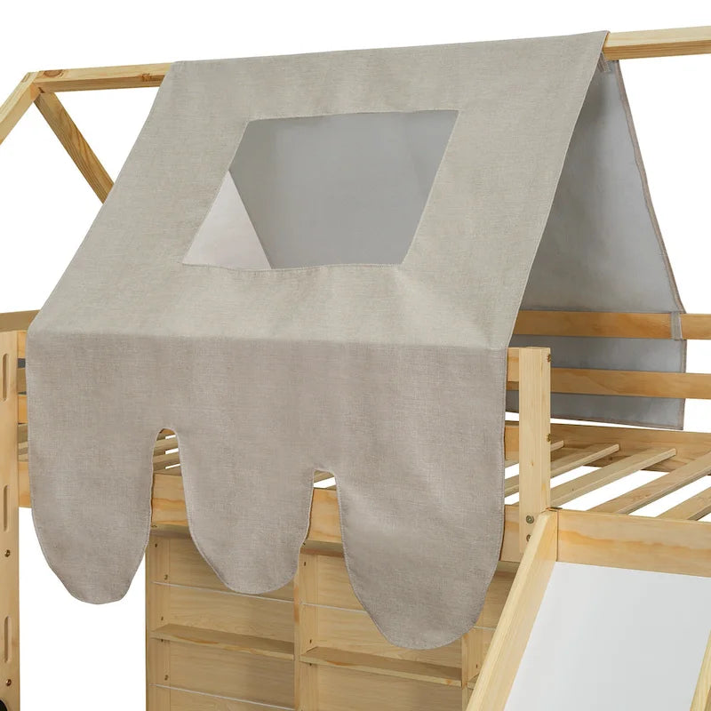 Solid Wood Loft Bed with Tent and Car Shaped Cabinet, Twin/Full Size Loft Bedframe with Storage Shelves and Roof Frame