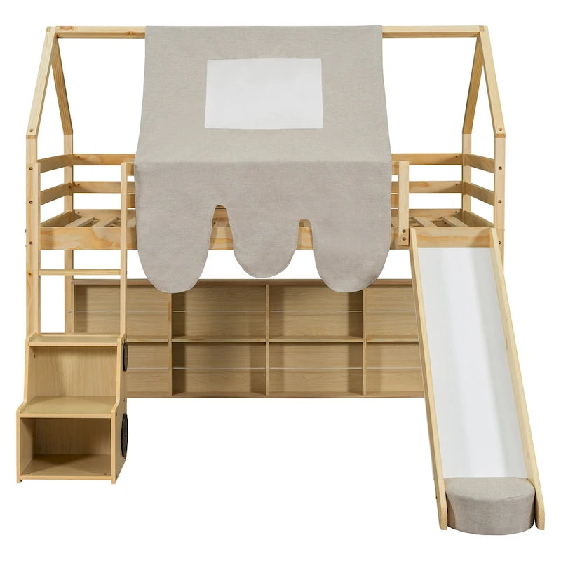 Solid Wood Loft Bed with Tent and Car Shaped Cabinet, Twin/Full Size Loft Bedframe with Storage Shelves and Roof Frame