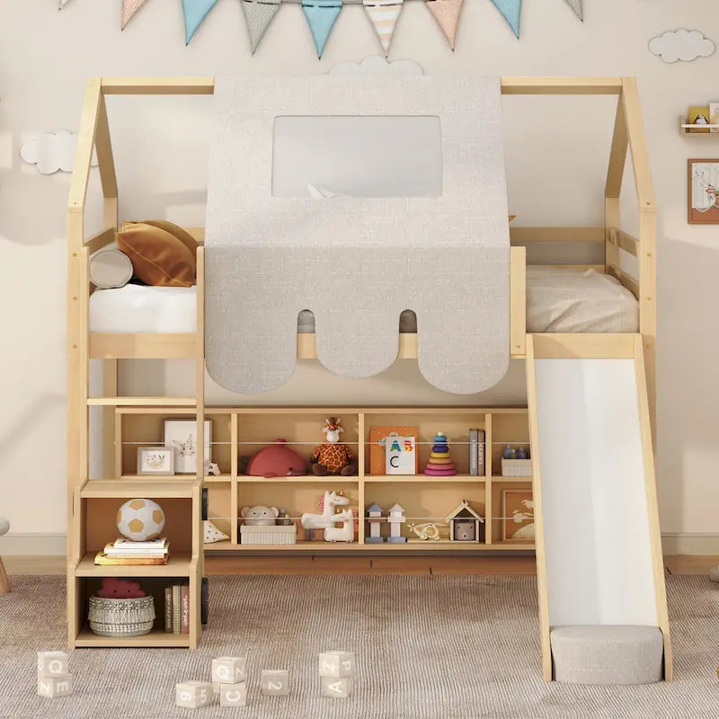 Solid Wood Loft Bed with Tent and Car Shaped Cabinet, Twin/Full Size Loft Bedframe with Storage Shelves and Roof Frame